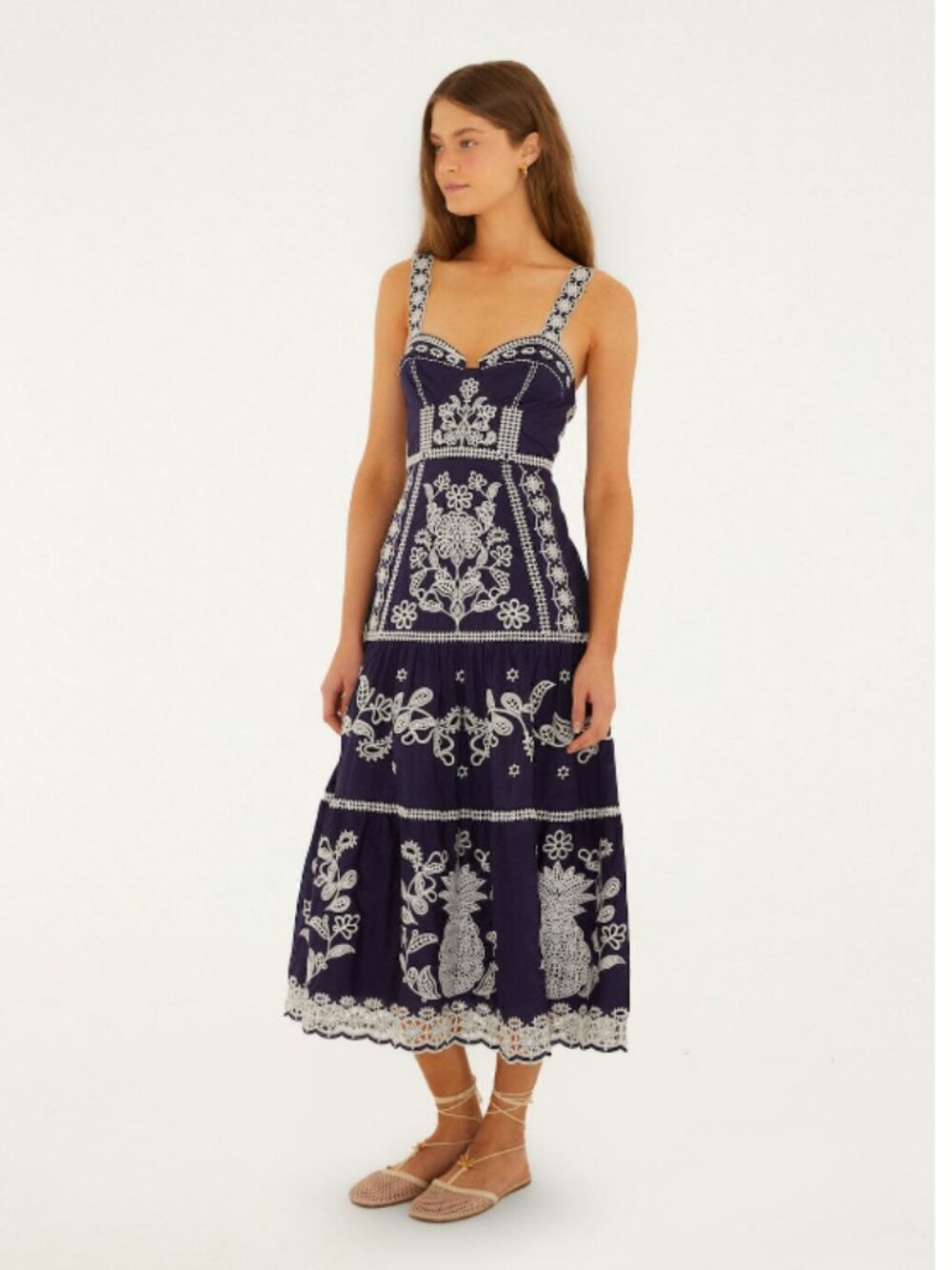 Farm Rio blue richelieu embroidered midi dress Sz M - Picture 4 of 5